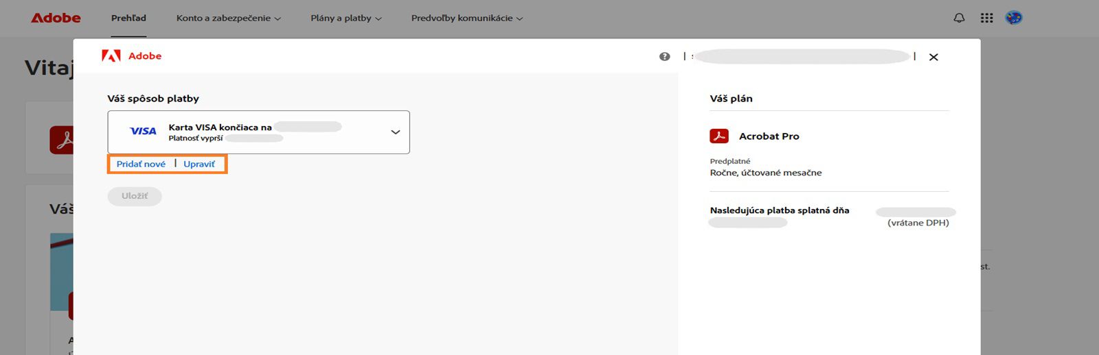Okno s vaším spôsobom platby zobrazuje možnosti Pridať nový spôsob platby alebo Upraviť spôsob platby.
