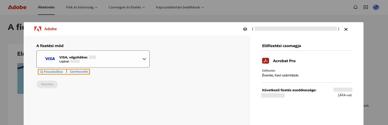 A fizetési mód ablakában megjelennek az Új fizetési mód hozzáadása és a Fizetési mód szerkesztése lehetőségek.