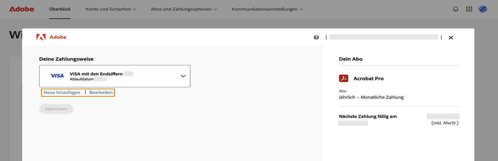 Im Fenster für die Zahlungsmethode kannst du neue Zahlungsmethoden hinzufügen und bearbeiten.