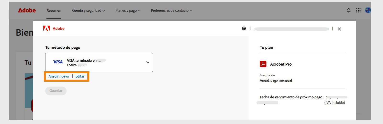 La ventana de su método de pago muestra las opciones Añadir nuevo y Editar métodos de pago.