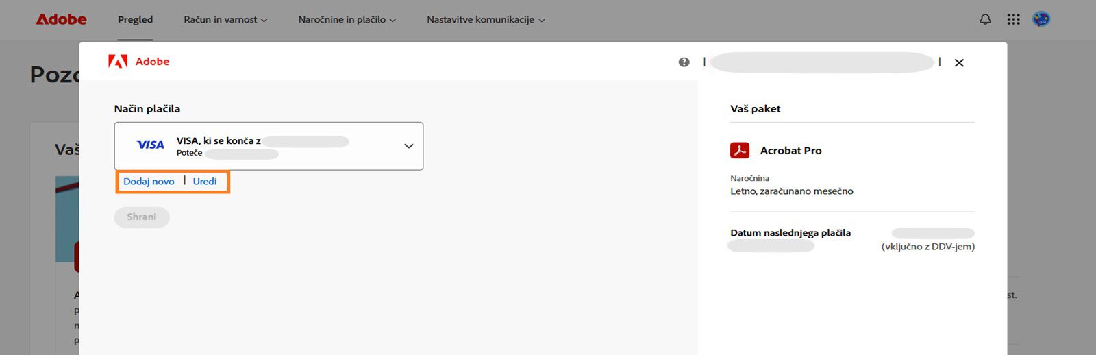 V oknu za način plačila sta prikazani možnost za dodajanje novega načina plačila in možnost za urejanje načina plačila.