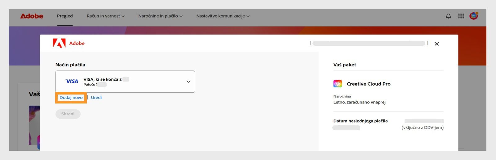 Gumba Dodaj novo in Uredi na strani Način plačila omogočata dodajanje novega načina plačila ali urejanje obstoječega. 