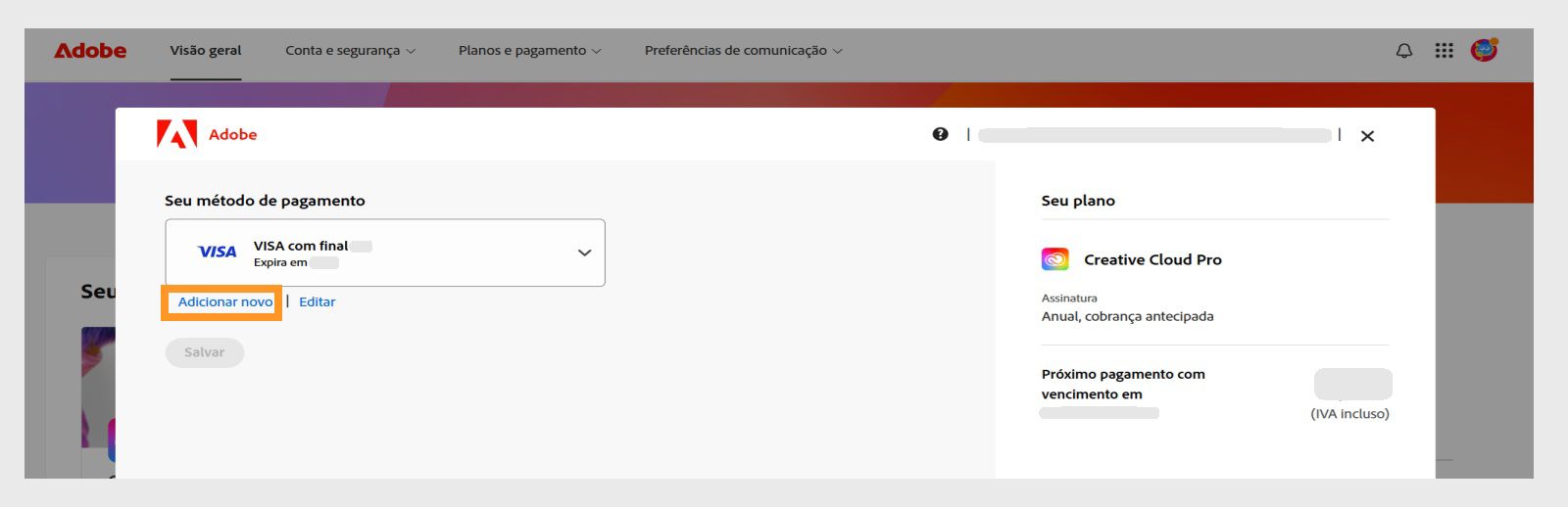 Os botões Adicionar novo e Editar na página Seu método de pagamento oferecem a opção de adicionar um novo método de pagamento ou editar um existente. 