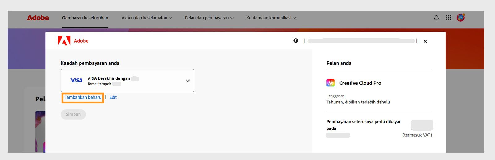 Butang Tambahkan baru dan Edit pada halaman Kaedah pembayaran anda menyediakan pilihan untuk menambahkan kaedah pembayaran baru atau mengedit yang sedia ada. 