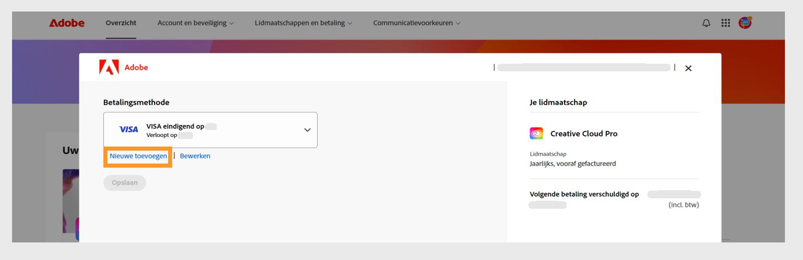 De knoppen Nieuwe toevoegen en Bewerken op de pagina Je betaalmethode bieden je de mogelijkheid om een nieuwe betaalmethode toe te voegen of een bestaande te bewerken. 