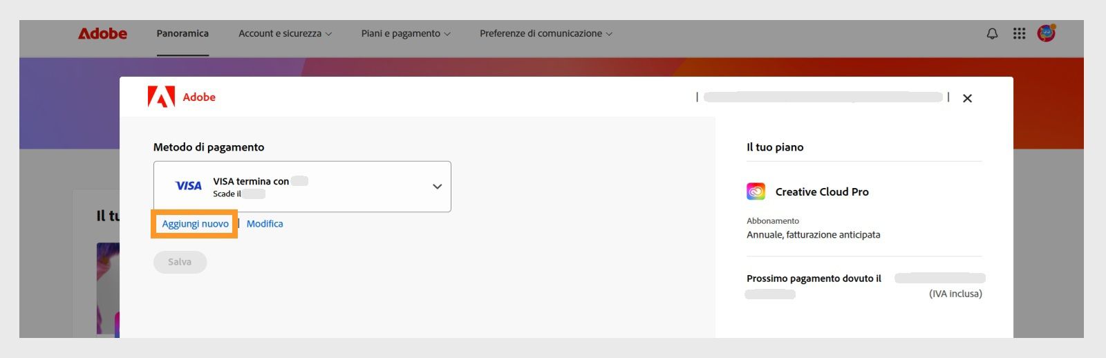I pulsanti Aggiungi nuovo e Modifica nella pagina Metodo di pagamento consentono di aggiungere un nuovo metodo di pagamento o modificarne uno esistente. 
