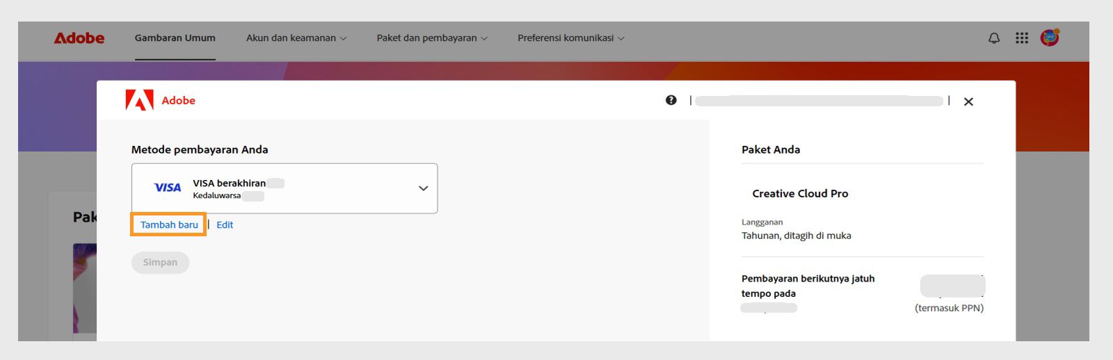 Tombol Tambah baru dan Edit pada halaman Metode pembayaran Anda memberi Anda opsi untuk menambahkan metode pembayaran baru atau mengedit yang sudah ada.