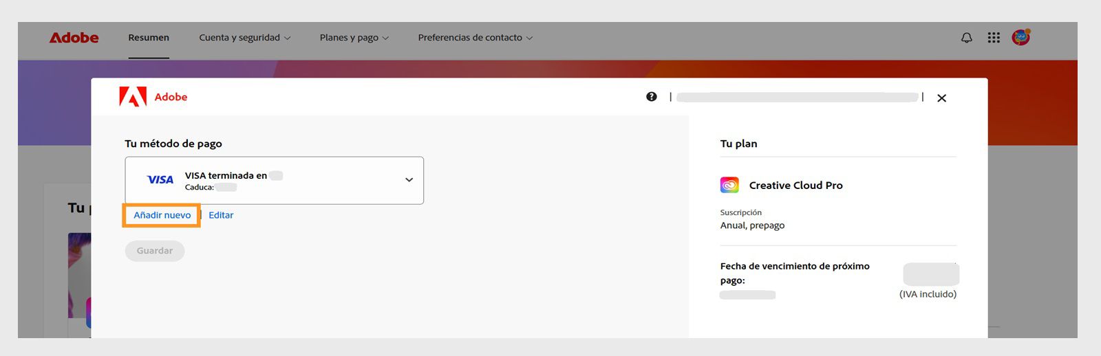 Los botones Añadir nuevo y Editar en la página Tu método de pago le ofrecen la opción de añadir un nuevo método de pago o editar uno existente. 
