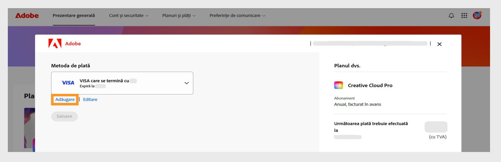 Butoanele Adăugare metodă nouă și Editare din pagina Metoda dvs. de plată vă oferă opțiunea de a adăuga o nouă metodă de plată sau de a o edita pe cea existentă. 