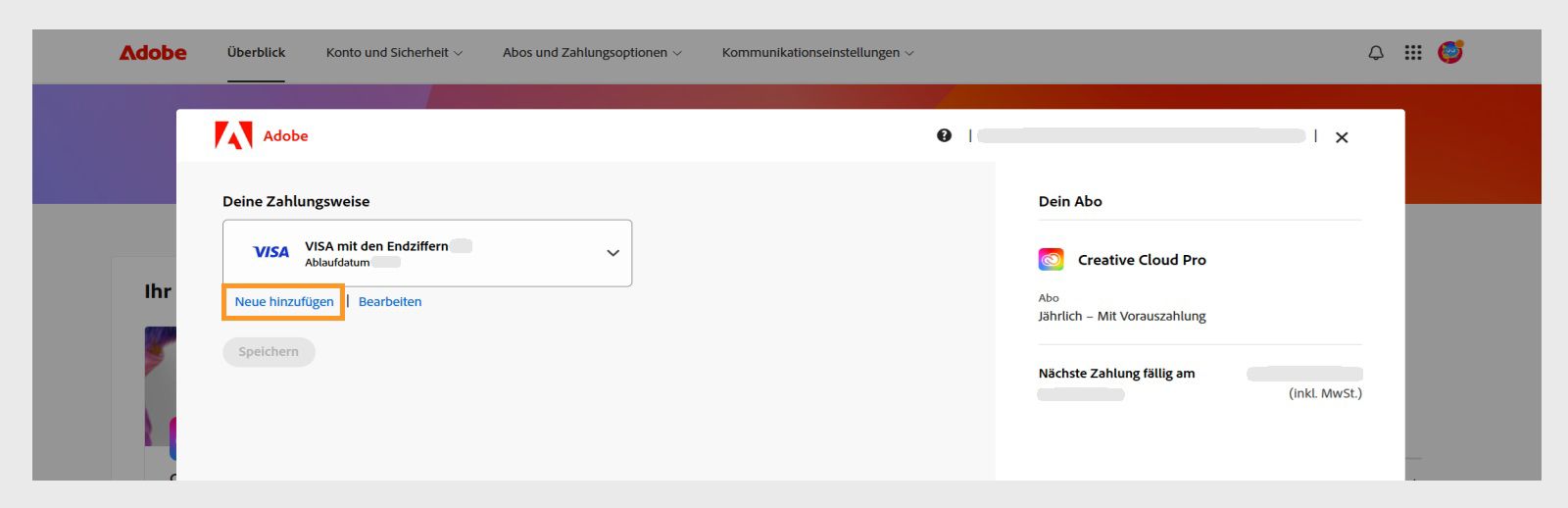 Die Schaltflächen „Neu hinzufügen“ und „Bearbeiten" auf der Seite „Deine Zahlungsmethode" bieten die Möglichkeit, eine neue Zahlungsmethode hinzuzufügen oder eine bestehende zu bearbeiten. 