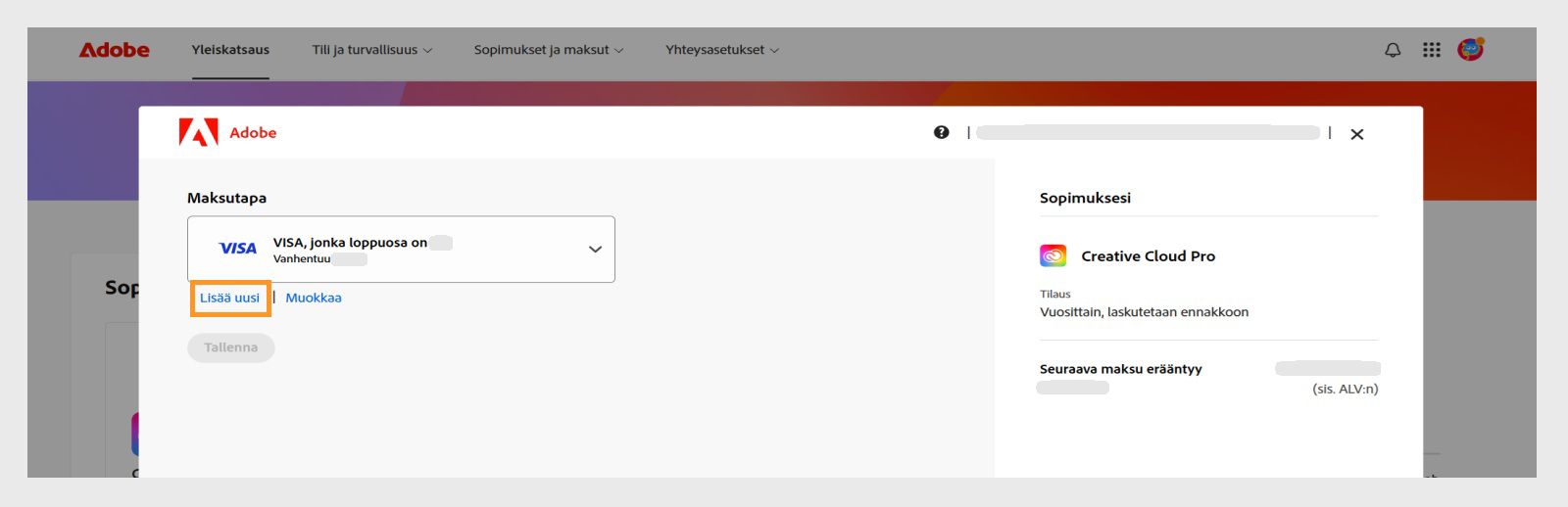 Maksutapa-sivun Lisää uusi- ja Muokkaa-painikkeilla voi lisätä uuden maksutavan tai muokata olemassa olevaa. 