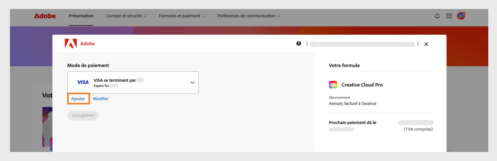 Les boutons Ajouter et Modifier de la page Votre mode de paiement vous permettent d’ajouter un nouveau mode de paiement ou de modifier un mode existant. 