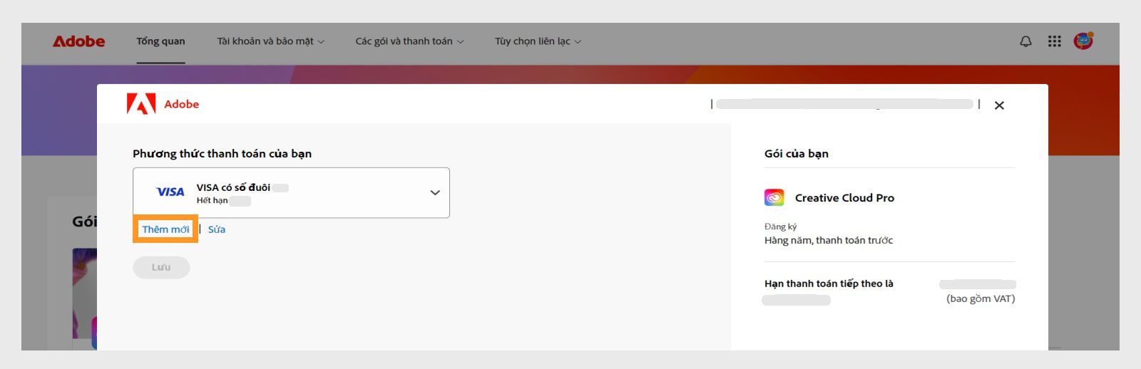 Các nút Thêm mới và Chỉnh sửa trên trang Phương thức thanh toán của bạn cung cấp cho bạn tùy chọn để thêm phương thức thanh toán mới hoặc chỉnh sửa phương thức hiện có. 