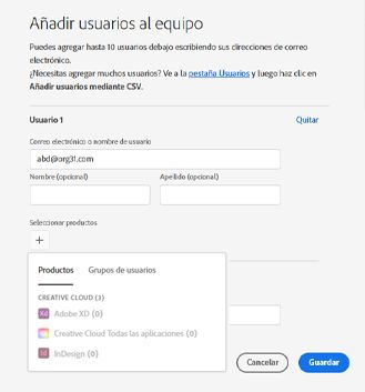 Cuadro de diálogo Añadir usuarios con la dirección de correo electrónico del usuario añadida y la opción Seleccionar producto o grupos de usuarios resaltada