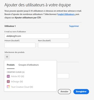 Boîte de dialogue Ajouter des utilisateurs avec l’adresse e-mail de l’utilisateur ajoutée et l’option Sélectionner un produit ou des groupes d’utilisateurs mise en surbrillance