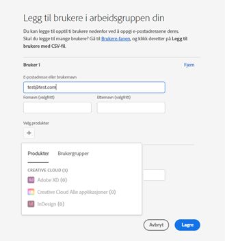 Dialogboksen Legg til brukere med brukerens e-postadresse lagt til og alternativet for å velge produkt eller brukergrupper uthevet
