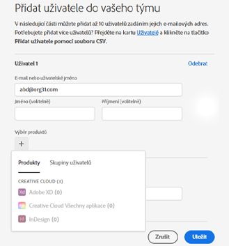 Dialogové okno Přidat uživatele s přidanou e-mailovou adresou uživatele a zvýrazněnou možností výběru produktu nebo skupiny uživatelů
