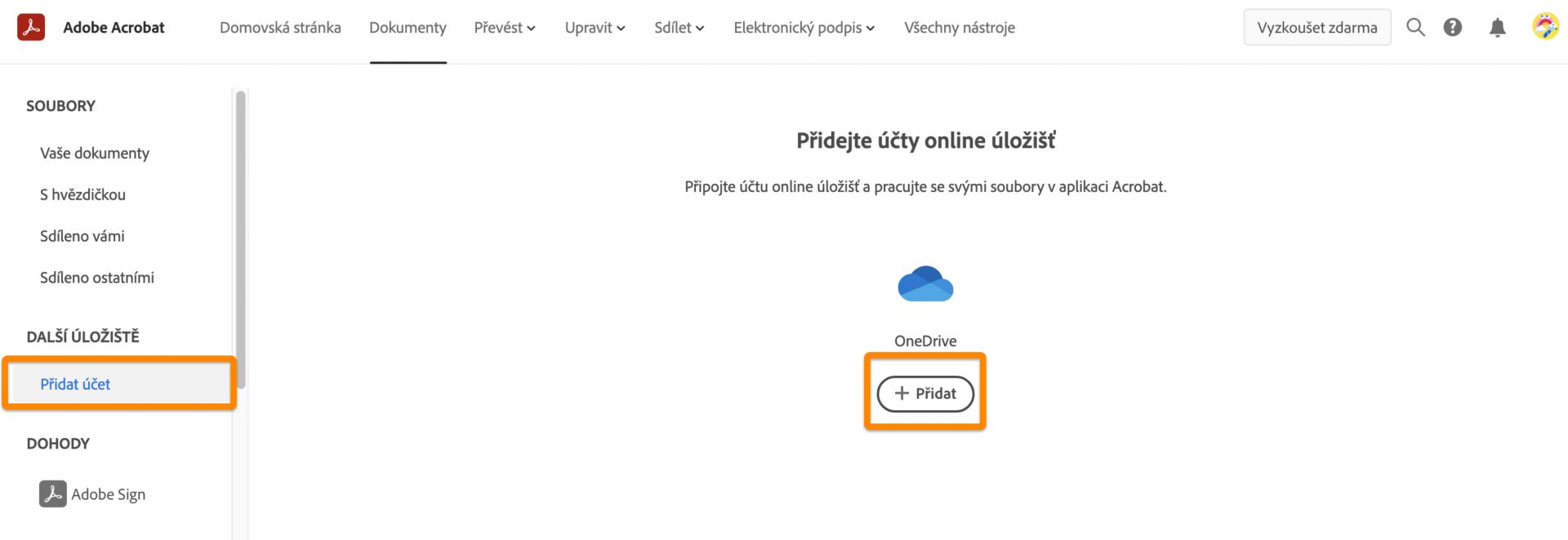 Přidejte svůj účet OneDrive