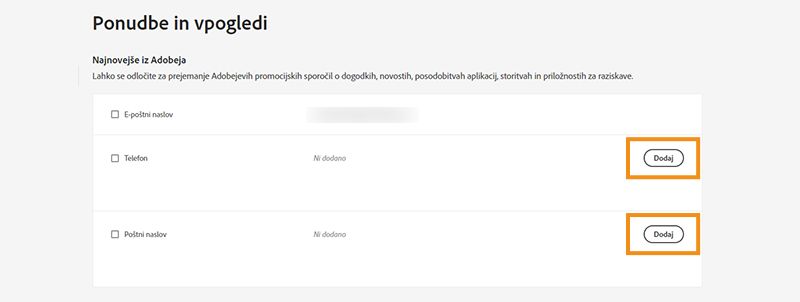 Dodajte ali spremenite telefon in poštni naslov