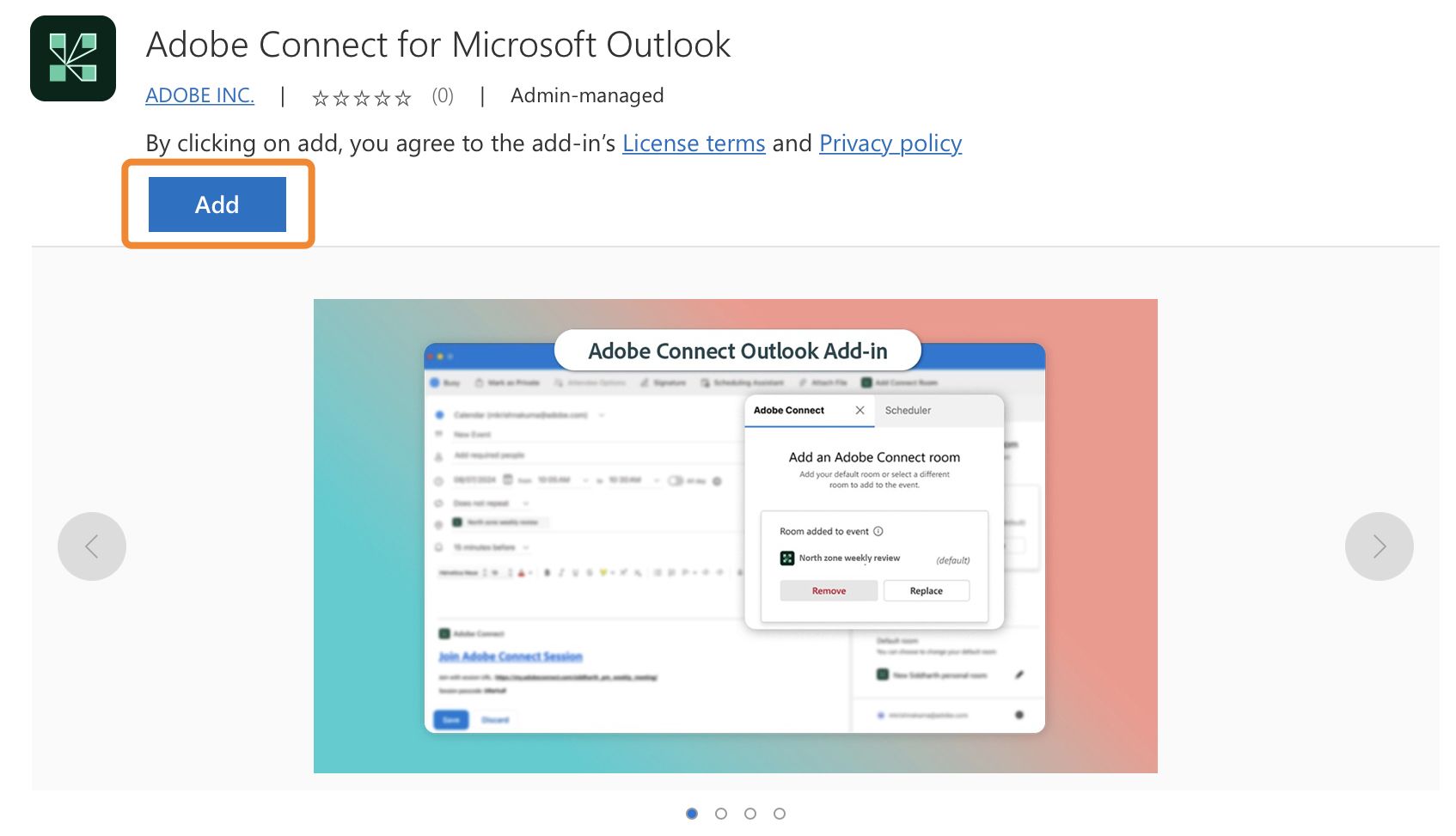 Select Add to add the Adobe Connect for Microsoft Outlook add-in