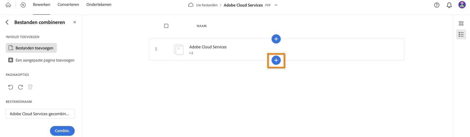 Pagina toevoegen om te combineren