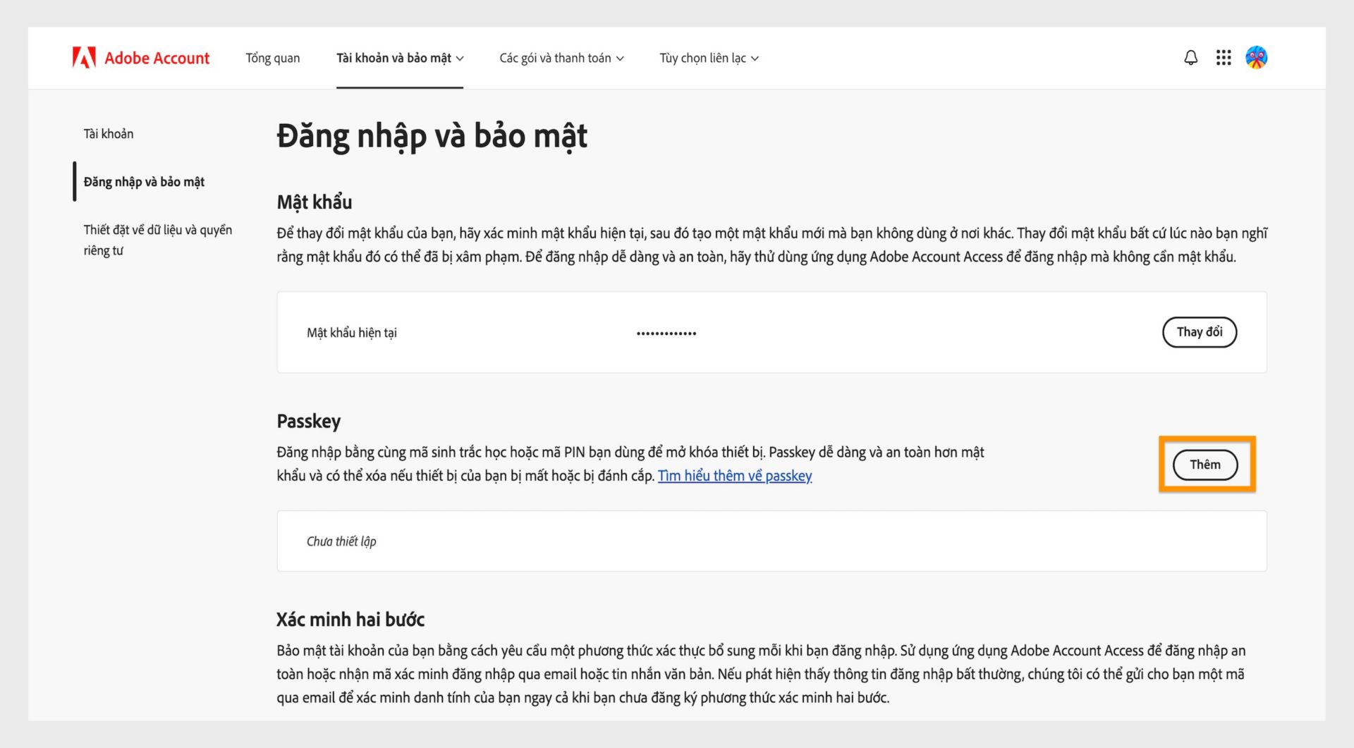 Nút Thêm, nằm trong phần Passkey ở phía bên phải của trang, cung cấp tùy chọn thiết lập passkey để đăng nhập vào Tài khoản Adobe của bạn.