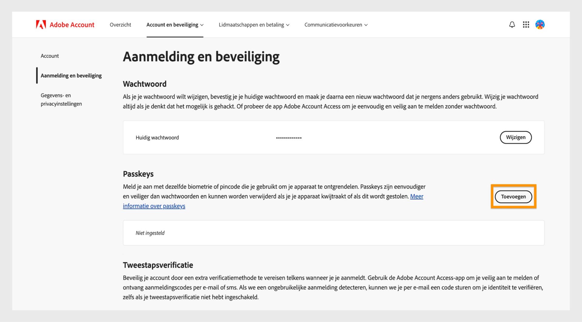 De knop Toevoegen, die zich in het gedeelte Passkeys aan de rechterkant van de pagina bevindt, biedt de optie om een passkey in te stellen voor het aanmelden bij je Adobe-account.