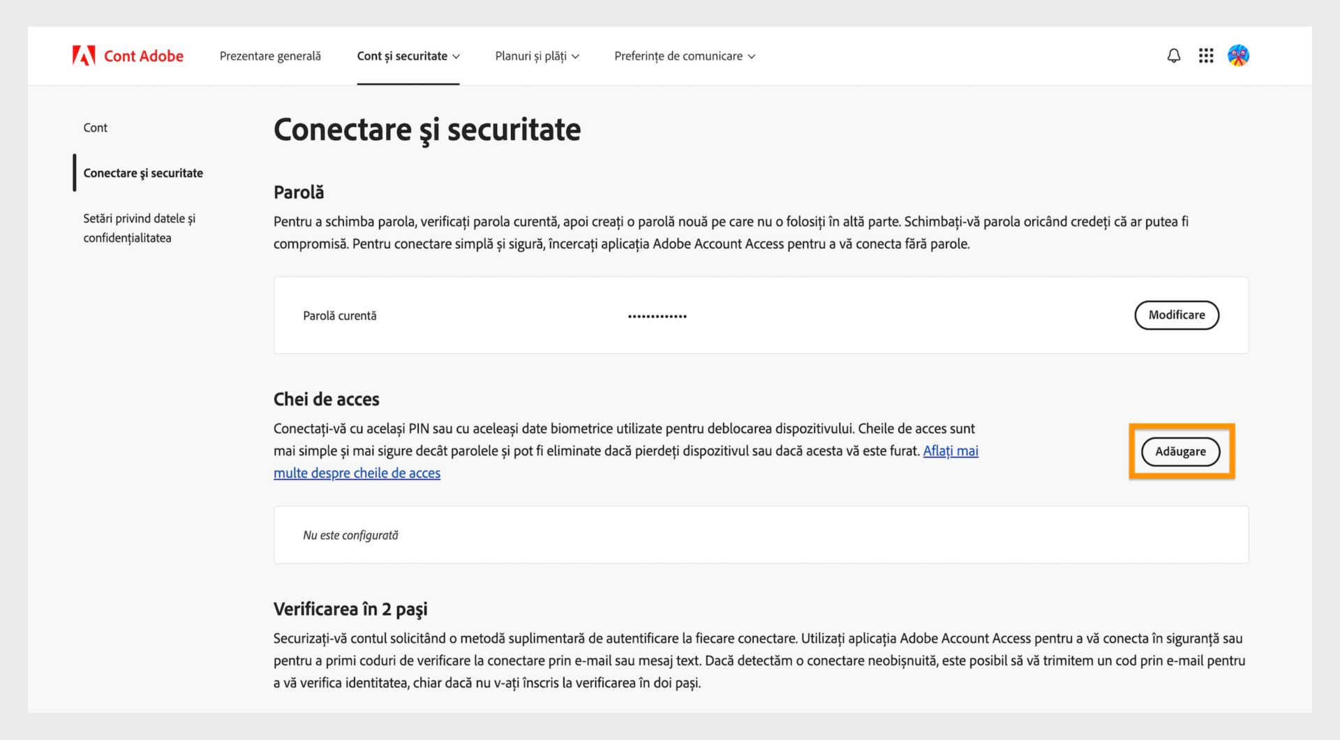 Butonul Adăugare, situat în secțiunea Chei de acces din partea dreaptă a paginii, oferă opțiunea de a configura o cheie de acces pentru conectarea la contul Adobe.