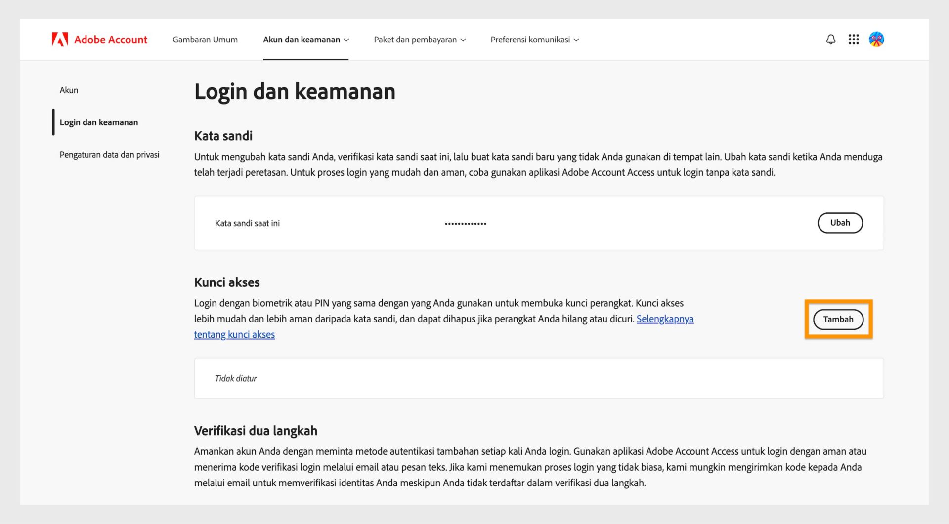 Tombol Tambah, yang terletak di bagian Kunci Sandi di sisi kanan halaman, menyediakan opsi untuk menyiapkan kunci sandi untuk login ke akun Adobe Anda.