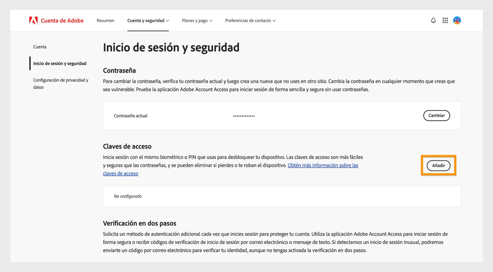El botón Añadir, ubicado en la sección Llaves de acceso en el lado derecho de la página, proporciona la opción de configurar una llave de acceso para iniciar sesión en su cuenta de Adobe.