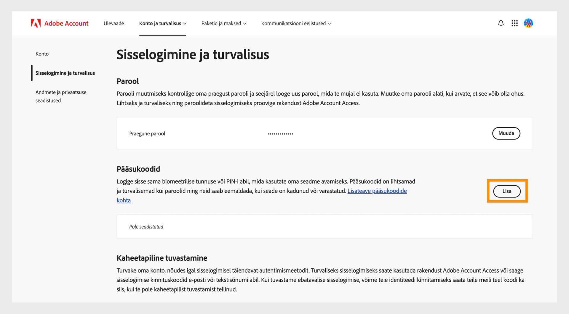 Nupp Lisa, mis asub lehe paremal küljel jaotises Pääsuvõtmed, võimaldab seadistada Adobe kontosse sisselogimiseks pääsuvõtme.