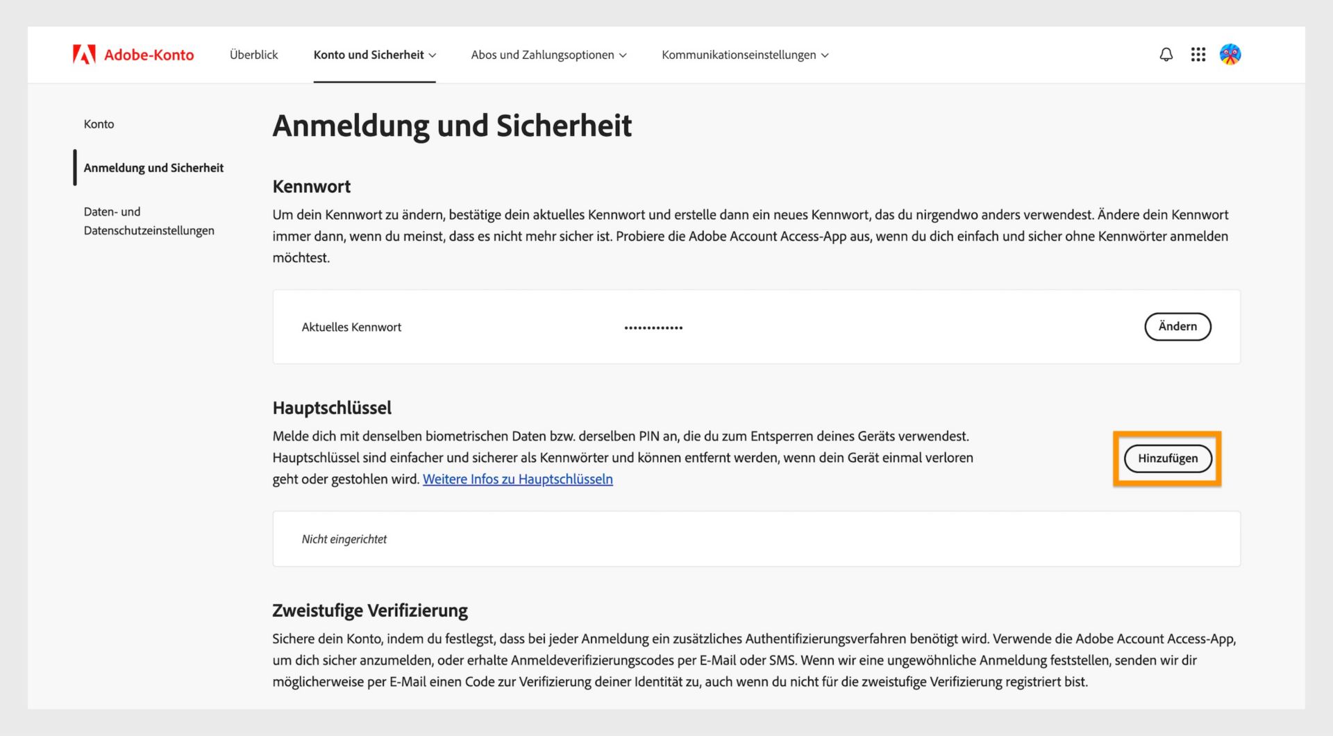 Im Abschnitt „Schlüssel“ kannst du mit der Schaltfläche „Hinzufügen“ auf der rechten Seite einen Schlüssel für die Anmeldung bei deinem Adobe-Konto einrichten.