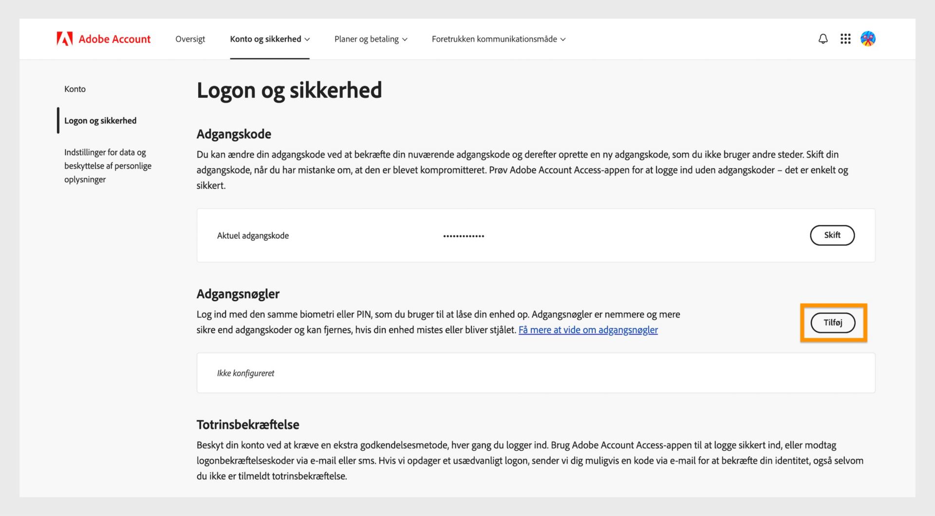 Knappen Tilføj, der findes i afsnittet Adgangsnøgler på højre side af siden, giver mulighed for at konfigurere en adgangsnøgle til at logge ind på din Adobe-konto.