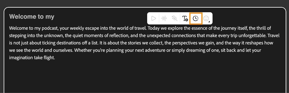 La pantalla Generate Speech muestra un menú contextual dentro del editor de texto con un elemento resaltado sobre el icono Añadir pausa.