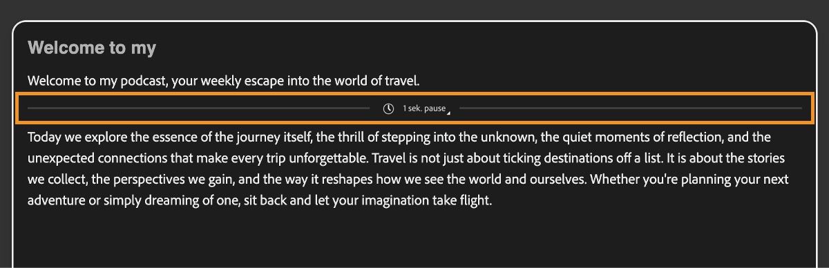 Skærmen Generér tale viser teksteditoren med en markering over pauselinjen.