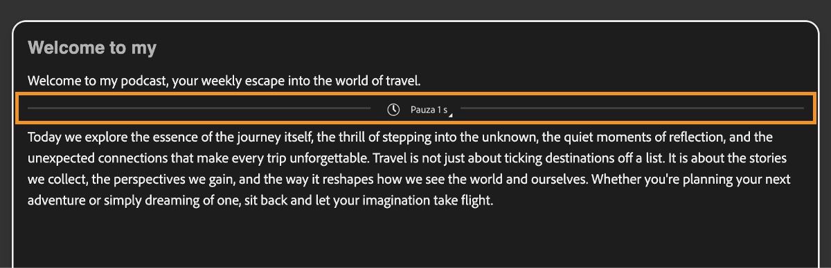 Ekran Generuj mowę wyświetla edytor tekstu z zaznaczoną linią pauzy.