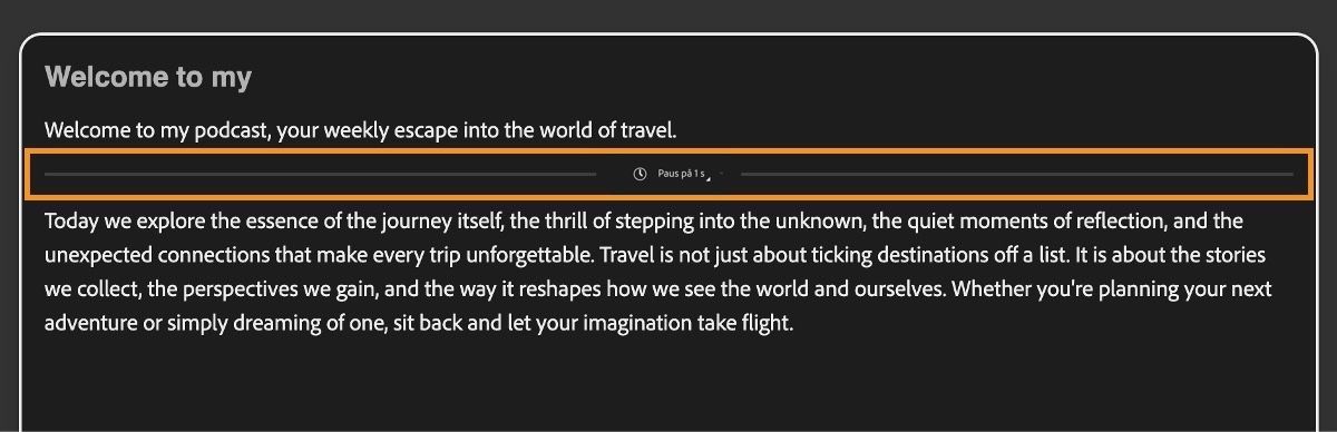 Skärmen Generera tal visar textredigeraren med en markering över pauslinjen.