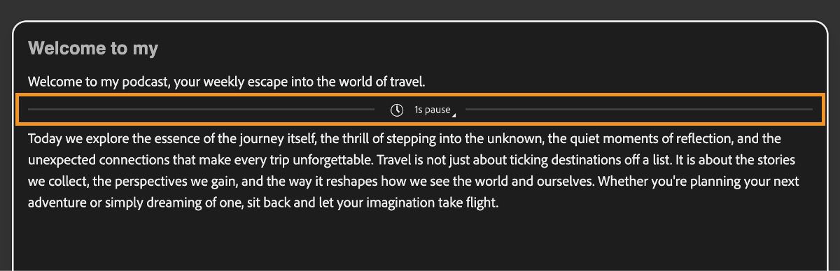 The Generate Speech screen displays the text editor with a highlight ove the pause line.