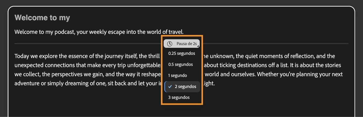 A tela Gerar fala exibe o menu Adicionar pausa expandido dentro do editor de texto, usado para definir a duração da pausa.