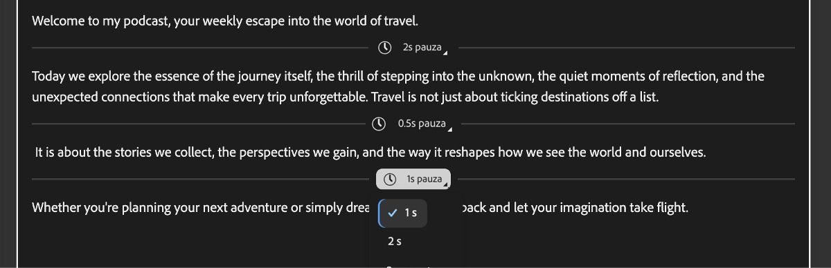 Obrazovka Generovat řeč s textovým editorem zobrazující přidané pauzy reprezentované vodorovnými čarami.