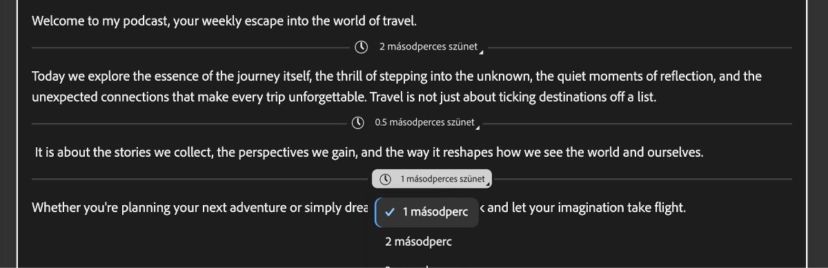 Beszéd létrehozása képernyő szövegszerkesztővel, amely vízszintes vonalakkal jelöli a hozzáadott szüneteket.