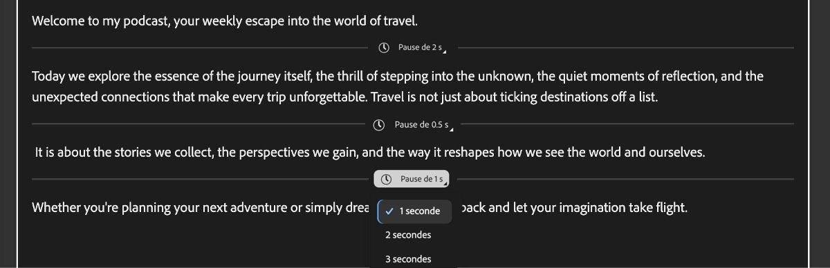 Page Générer la parole avec un éditeur de texte affichant les pauses ajoutées représentées par des lignes horizontales.