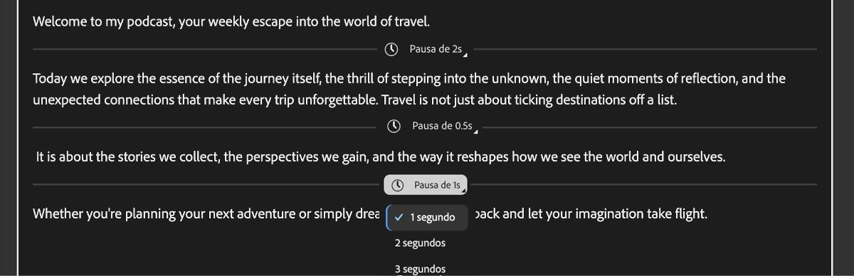 A tela Gerar fala mostra um editor de texto com pausas adicionadas representadas por linhas horizontais.