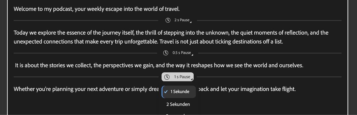 Bildschirm „Sprache generieren“ mit einem Texteditor, in dem hinzugefügte Pausen durch horizontale Linien dargestellt sind.
