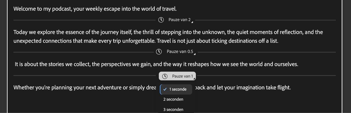 Scherm Spraak genereren met een editor die toegevoegde pauzes toont, weergegeven door horizontale lijnen.