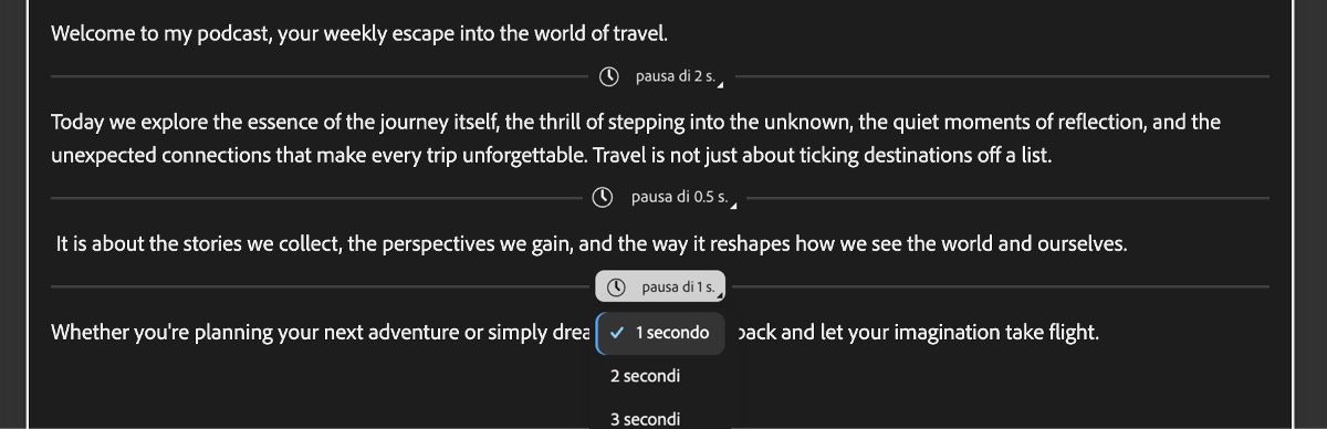 Schermata Genera discorso con un editor che mostra le pause aggiunte rappresentate da linee orizzontali.