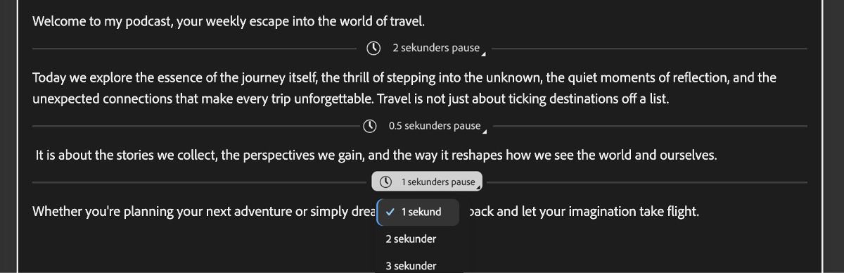 Generer tale-skjermbildet med tekstredigeringsverktøyet som viser pauser som er lagt til, representert av horisontale linjer.