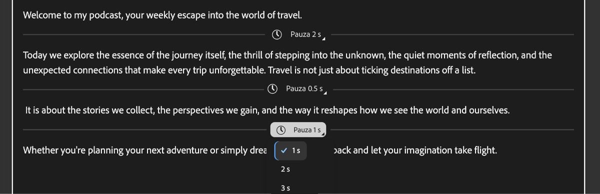 Ekran Generuj mowę z edytorem tekstu pokazującym dodane pauzy reprezentowane przez poziome linie.