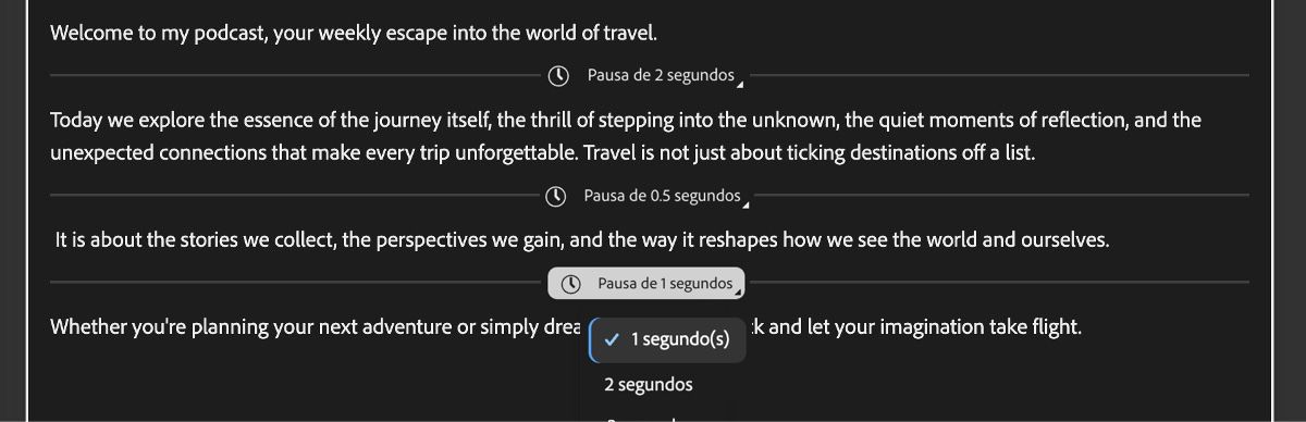 Pantalla Generate Speech con un editor de texto que muestra pausas añadidas representadas por líneas horizontales.