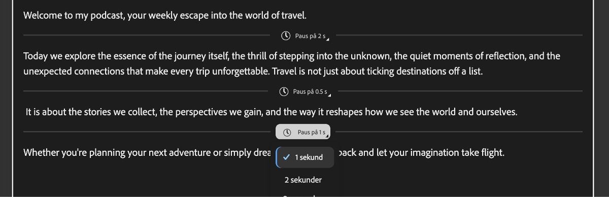 Skärmen Generera tal med en textredigerare som visar tillagda pauser representerade av horisontella linjer.